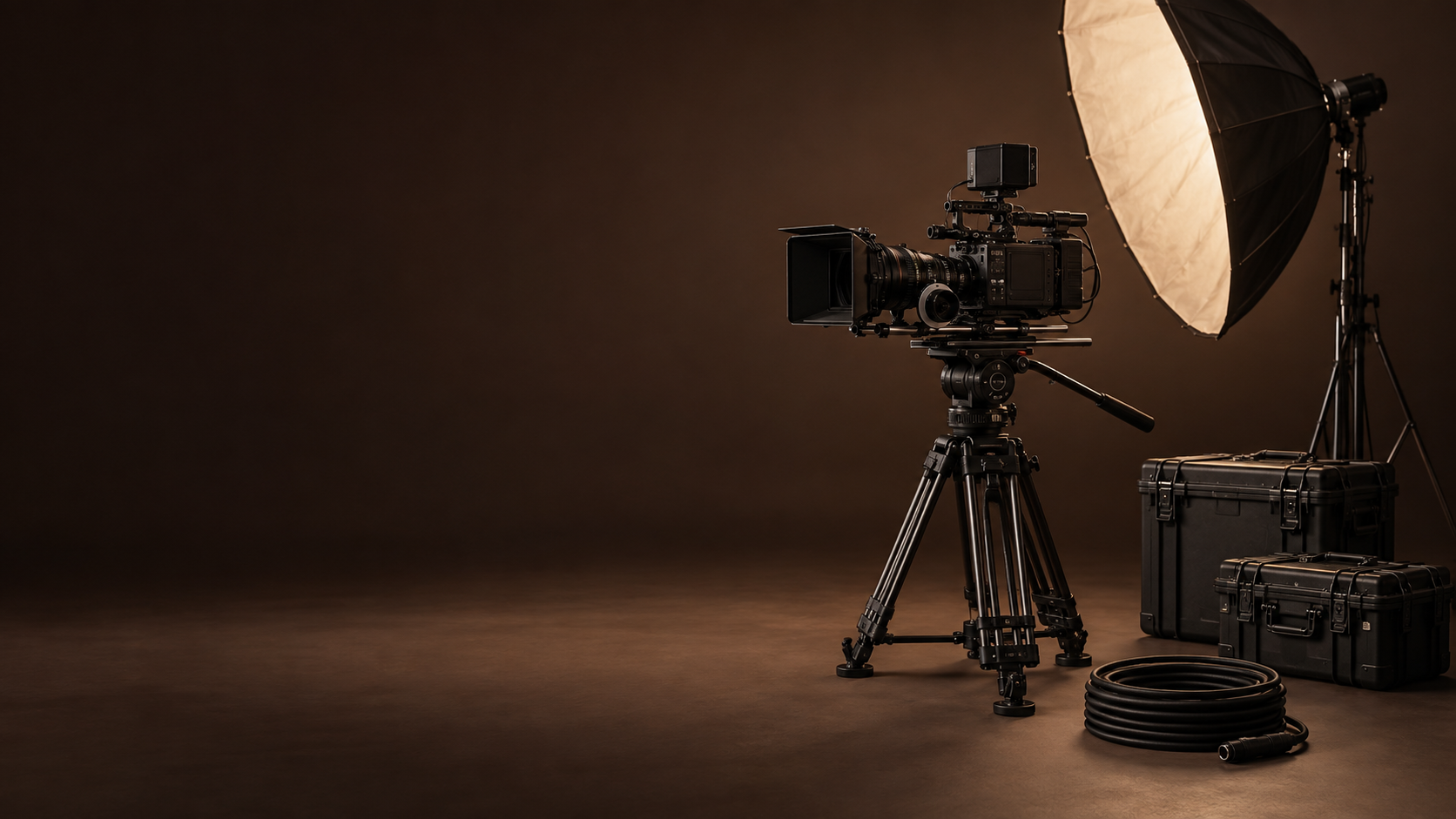 Cinema camera, light reflector and equipment cases arranged in a quiet studio